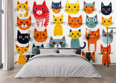 Cartoon style illustration of funny cat faces isolated on white background, set of colorful cat characters Wall mural