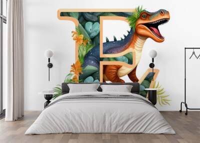 Colorful dinosaur letter E for kids isolated on white background, funny cartoon dino alphabet, creative font design for children education in school, preschool and kindergarten. Generative AI. Wall mural