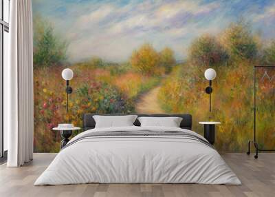 Digital oil painting of empty road in colorful blooming rural landscape, impressionism, beautiful artistic image for summer, nature, spring concepts. Generative AI. Wall mural