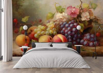 Fruit still life with grapes, peaches and flowers, digital oil painting. Beautiful artistic image for poster, wallpaper, art print. Generative AI.
 Wall mural