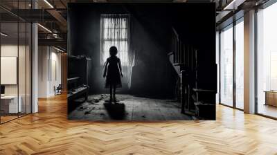 Inside view of haunted house showing silhouette of creepy horror doll in abandoned chamber with broken furniture. Concept of supernatural. Generative AI. Wall mural