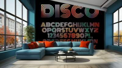 Multicolor disco alphabet letter set and numbers, retro style font design, 80s 90s sparkling line abc for poster, banner, website etc.  Wall mural