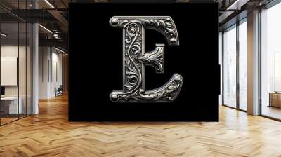 Old silver font design, alphabet letter E with metal texture and decorative floral pattern isolated on black background Wall mural