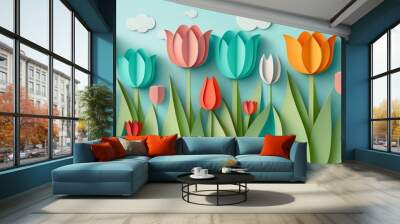 Paper art illustration of colorful tulip field against blue sky. Beautiful paper cut flowers for springtime, easter, nature concepts. Ideal for use as poster, wallpaper, greeting card. Generative AI.  Wall mural