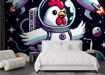 Pixel art illustration of cute astronaut chicken in space Wall mural