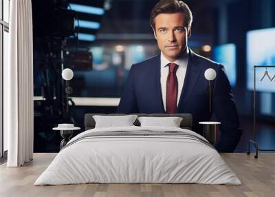 Portrait of attractive anchorman presenting the latest news in the TV studio. Male newsreader reporting live in the television. Generative AI. Wall mural