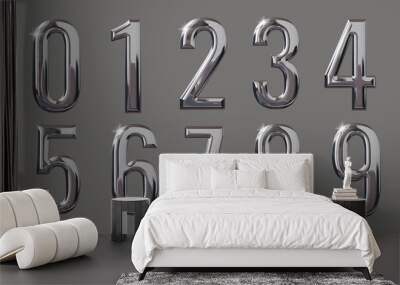 Set of 3D numbers with glossy metal texture (chrome, steel, silver) isolated on gray background, premium bold font design for poster, banner, invitation Wall mural