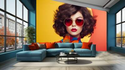 Studio shot of brunette girl with lipstick and sunglasses posing on colored retro background. Fashionable portrait of young woman wearing trendy clothes and looking at the camera. Generative AI. Wall mural