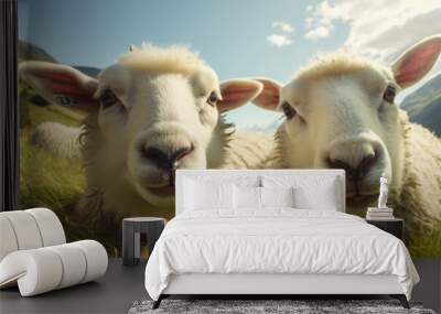 The two sheep look curious as they discover the hidden camera in the outdoors. Beautiful panoramic animal portrait with fisheye effect and selective focus, ideal as web banner or in social media Wall mural