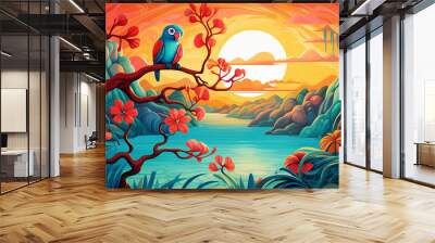 Tropical landscape at sunset with peaceful parrot sitting on a twig, kids illustration with bright and bold colors. Digital nursery art, beautiful artistic image for poster, wallpaper, art print. Wall mural