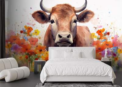 Watercolor painting of a beautiful brown cow in a colorful flower field. Ideal for poster, art print, greeting card. Wall mural