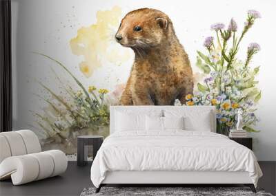 Watercolor painting of cute dwarf mongoose in a colorful flower field. Ideal for art print, greeting card, springtime concepts etc. Made with generative AI.
 Wall mural