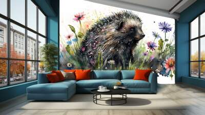 Watercolor painting of cute porcupine in a colorful flower field. Ideal for art print, greeting card, springtime concepts etc. Made with generative AI. Wall mural