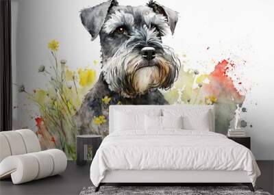 Watercolor painting of cute schnauzer dog in a colorful flower field. Ideal for art print, greeting card, springtime concepts etc. Made with generative AI.  Wall mural