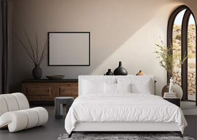 empty frame mockup in beige interior room with pottery vase sideboard and wooden floor in style of vintage. living room with photo frame and sunlight Wall mural