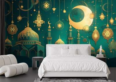 ramadan greeting card and psoter with mosque moon and star. islam festival holiday celebration Wall mural