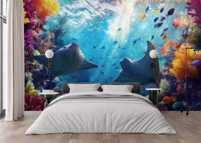 Two Manta Rays Swimming in a Vibrant Coral Reef Wall mural