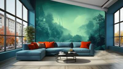 light green and deep blue hues, hint of fantasy forest, haze, animation, blended together Wall mural