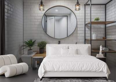 Modern small bathroom with white tiles black metal frame and round mirror above the sink in front of the wall AI Generative Wall mural