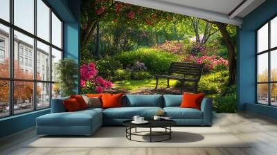 A peaceful garden bench shaded by a canopy of trees, surrounded by a riot of blooming flowers  Wall mural