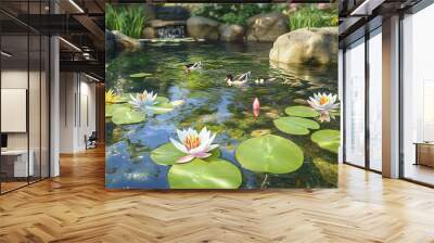 A peaceful garden pond with lily pads, water lilies, and a few ducks swimming  Wall mural