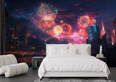 A vibrant fireworks display lighting up the night sky over a bustling city skyline, with colorful bursts reflecting off the buildings  Wall mural