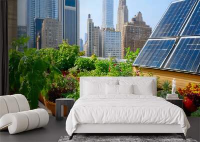 Urban rooftop gardens with solar panels, illustrating sustainable living  Wall mural