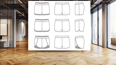 Blank clothing templates of women short set in front, side, back views. Vector illustration isolated on white background. Technical fashion drawing set. Wall mural