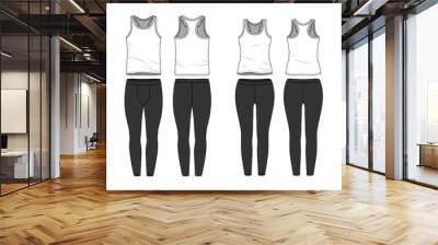 Blank male and female tank top and jogging pants in front, back views. Clothing templates. Fashion set. Casual, sport style. Active wear. Vector illustration. Isolated on white. Wall mural