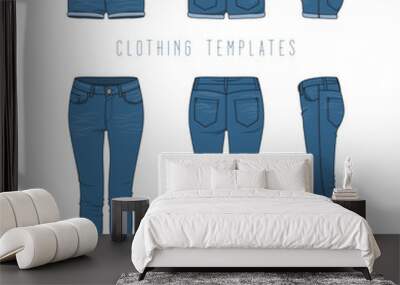 female clothing set of blue jeans and denim shorts. vector templates in front, back, side views for  Wall mural