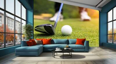 Golf ball on green grass ready to be struck at golf club Wall mural