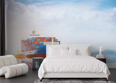 International Container Cargo ship with working crane bridge in shipyard background, logistic import export background and transport industry. Wall mural