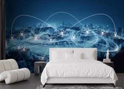 Network business conection system on cityscape background Wall mural