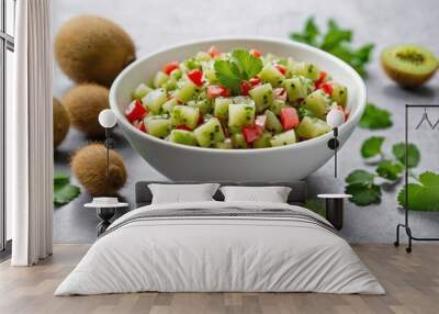 Kiwi Salsa: Kiwi salsa served in a minimalist white dish, with a few kiwi cubes and cilantro leaves Wall mural