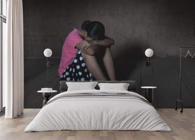 kidnapping young girl sitting in old room, human trafficking concept Wall mural