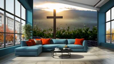 Silhouette cross on mountain at sunset background.Crucifixion Of Jesus Christ Wall mural