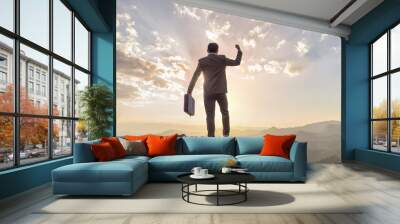 successful business man, holding his business attache and standing on the top of mountain. competiti Wall mural