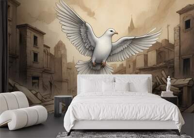 A concept creation of peace bird, cross and destroyed city Wall mural