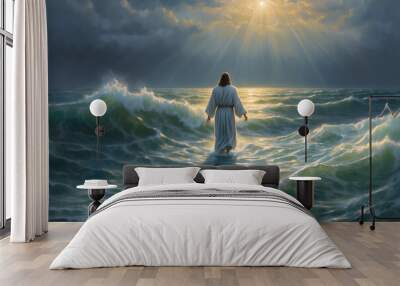 A concept of Jesus walks on water and calms the sea Wall mural