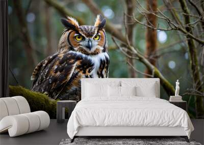 A great horned owl resting on a branch Wall mural