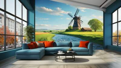 A landscape of a windmill with a bright blue sky background Wall mural