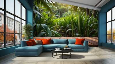 A wooden table with a sugarcane background Wall mural