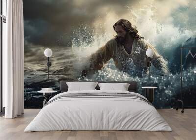 Jesus walks on water across the sea and calms the storm as in bible Wall mural