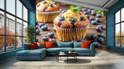 Delicious homemade blueberry muffin with fresh blueberries on top, blueberry, muffin, homemade, baked goods, sweet, treat Wall mural