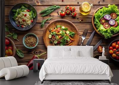 Healthy food dinner on a rustic wooden table, healthy, food, dinner, organic, vegetables, meal, fresh Wall mural