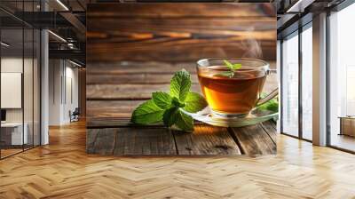 Hot tea and mint leaf on a wooden table background, tea, mint, beverage, hot, drink, wooden, table, background, refreshment, aroma Wall mural