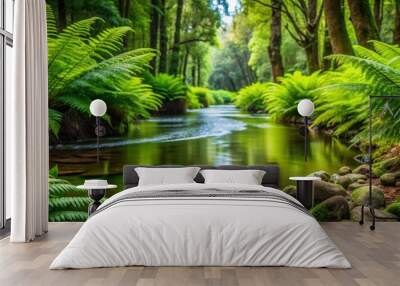 Lush green ferns along a tranquil river in the forest, Fern, river, green, nature, forest, tranquil, peaceful, flowing Wall mural