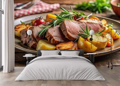 Sliced meat dish with vegetables and potatoes served on a plate, garnished with rosemary in a restaurant setting, meat Wall mural