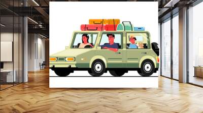 Happy family driving personal car on isolated background, Rest travel vacation concept, Digital marketing illustration. Wall mural