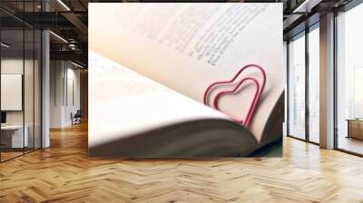 Red paper clip heart shape in old book with shining light. Wall mural